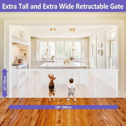 Newly Enhanced - 42" Tall × 120" Extra Wide Retractable Baby Gate Keeps Pets from Getting Under Tall Dog Gate, Indoor/Outdoor Baby Gates for Dogs, Retractable Dog Gate for Large Openings, White