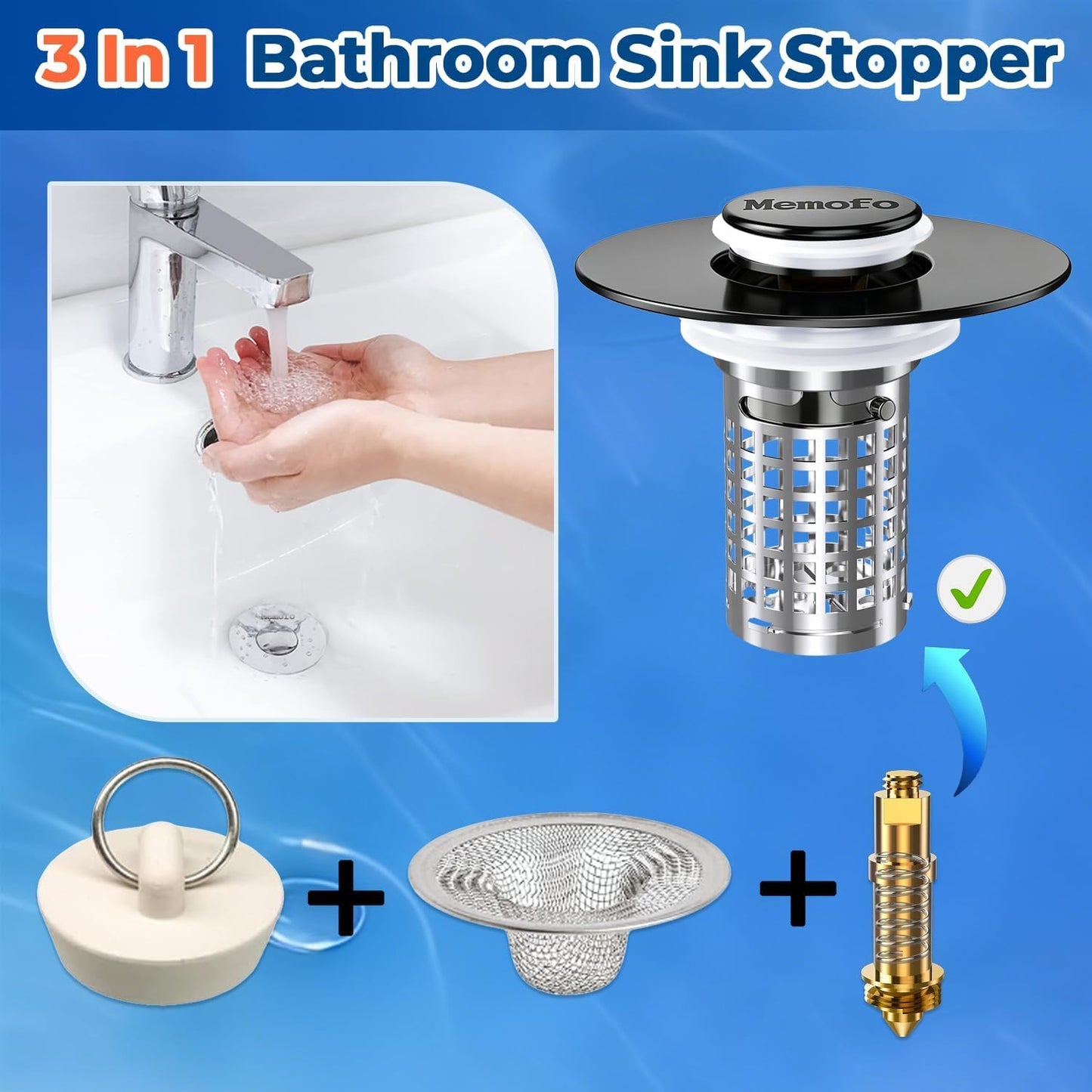 Bathroom Sink Drain Strainer(2PCS), Stainless Steel Pop-up Strainer Basket Hair Catcher with Removable Basket, Brass Bullet Core, Universal Fit 1.1-2.36 Inch