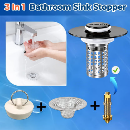 Bathroom Sink Drain Strainer(2PCS), Stainless Steel Pop-up Strainer Basket Hair Catcher with Removable Basket, Brass Bullet Core, Universal Fit 1.1-2.36 Inch