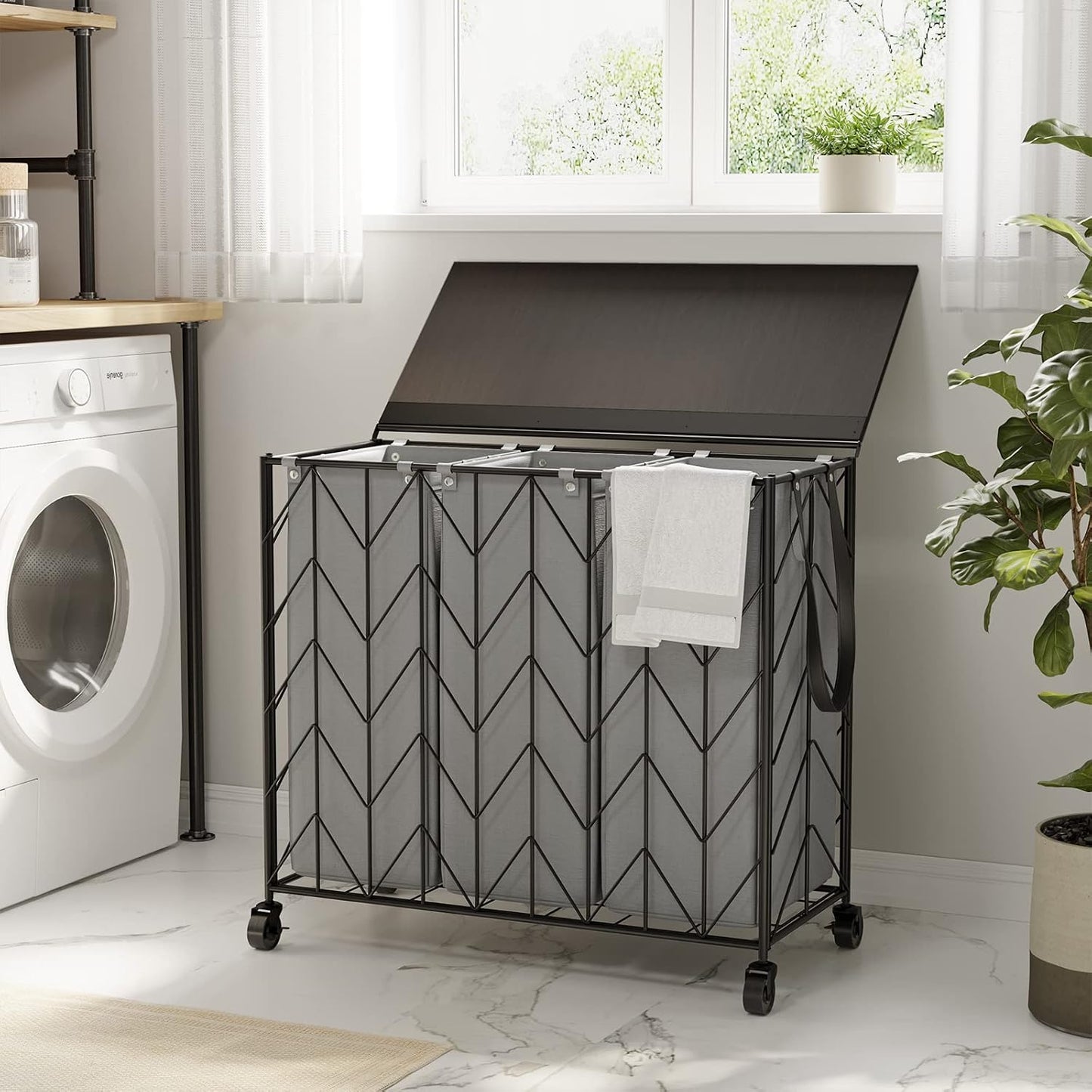 WOWLIVE Laundry Basket with Wheels, 142L Laundry Hamper 3 Section with Lid, Dirty Clothes Hamper with Removable Bags, Large Capacity Iron-Made Laundry Basket Organizer Laundry Sorter for Dorm, White
