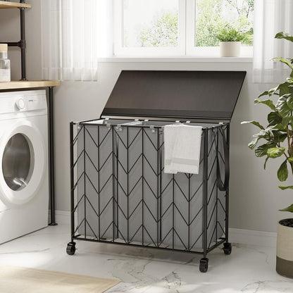 WOWLIVE Laundry Basket with Wheels, 142L Laundry Hamper 3 Section with Lid, Dirty Clothes Hamper with Removable Bags, Large Capacity Iron-Made Laundry Basket Organizer Laundry Sorter for Dorm, White