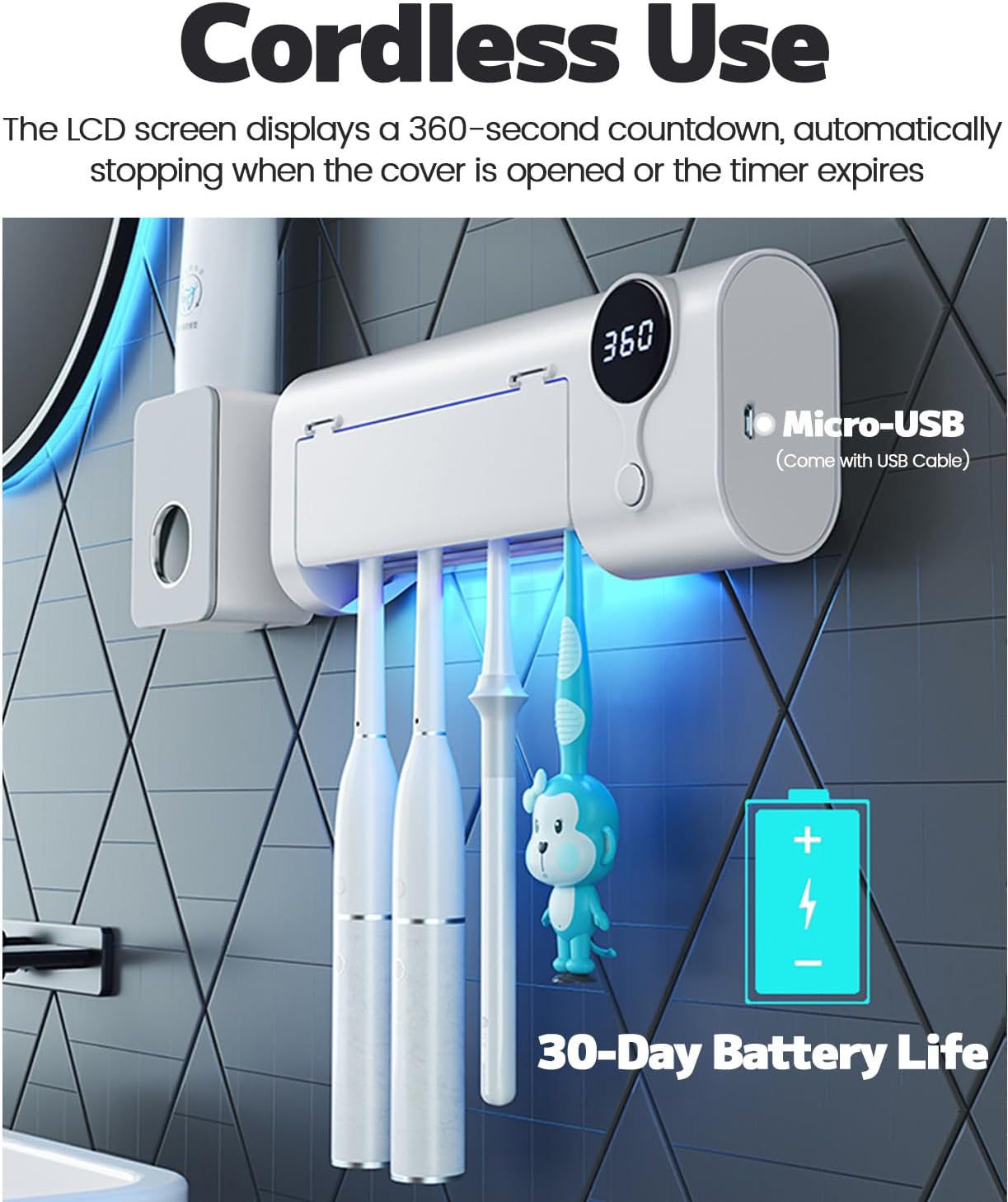 MIMORE Toothbrush Holder, 5 Toothbrush Slots & Timer Function, Cordless Wall Mounted Toothbrush Holders for Bathrooms