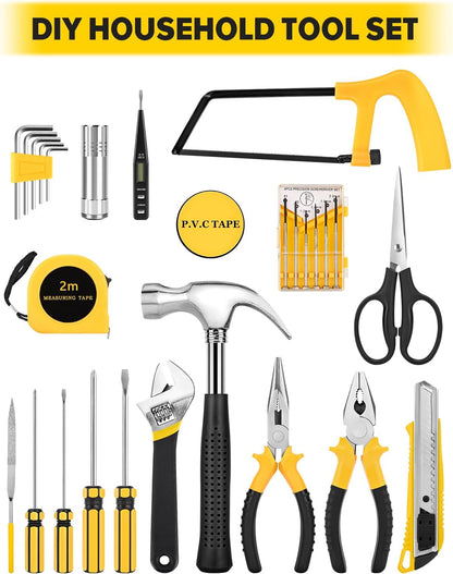 27-Pcs Household Tool Set with Case - Home, Auto, Garage | For men, women in dorm, office, garage. Has hammer, screwdrivers, pliers, tape. Compact, portable, for everyday fixes.