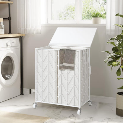 WOWLIVE Laundry Basket with Wheels, 142L Laundry Hamper 3 Section with Lid, Dirty Clothes Hamper with Removable Bags, Large Capacity Iron-Made Laundry Basket Organizer Laundry Sorter for Dorm, White