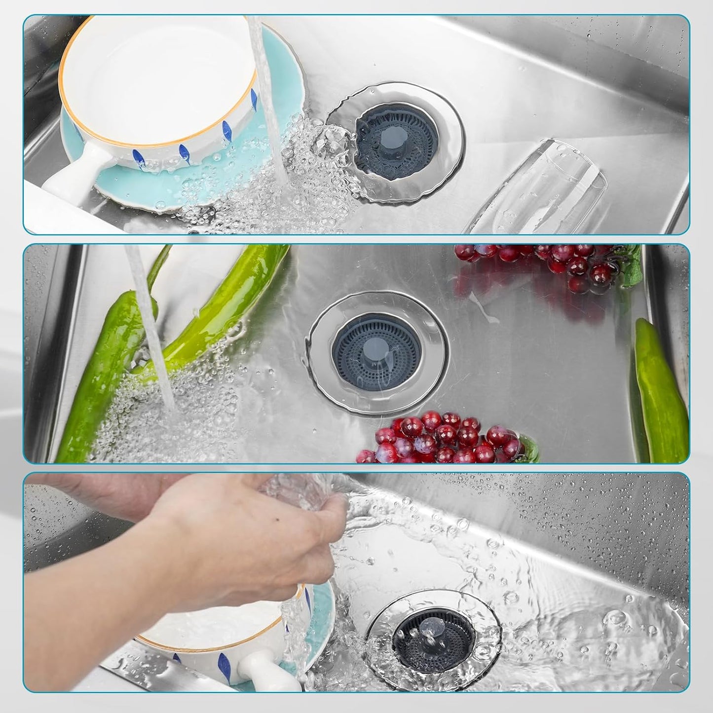 Hibbent 3 in 1 Kitchen Sink Drain Strainer, Stainless Steel Wrapped Shell Drain Stopper Combo, Pop Up Sink Stopper, 3 Anti-Clogging Basket Strainer with Foldable Handle for US Standard 3-1/2" Drain
