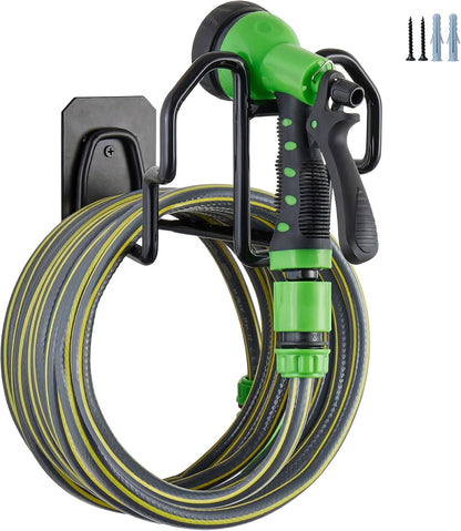 Heavy Duty Garden Hose Holder Wall Mount - Gloss Black Rust-Resistant Metal Hanger with Nozzle Slot, PVC Coated for Indoor/Outdoor Use