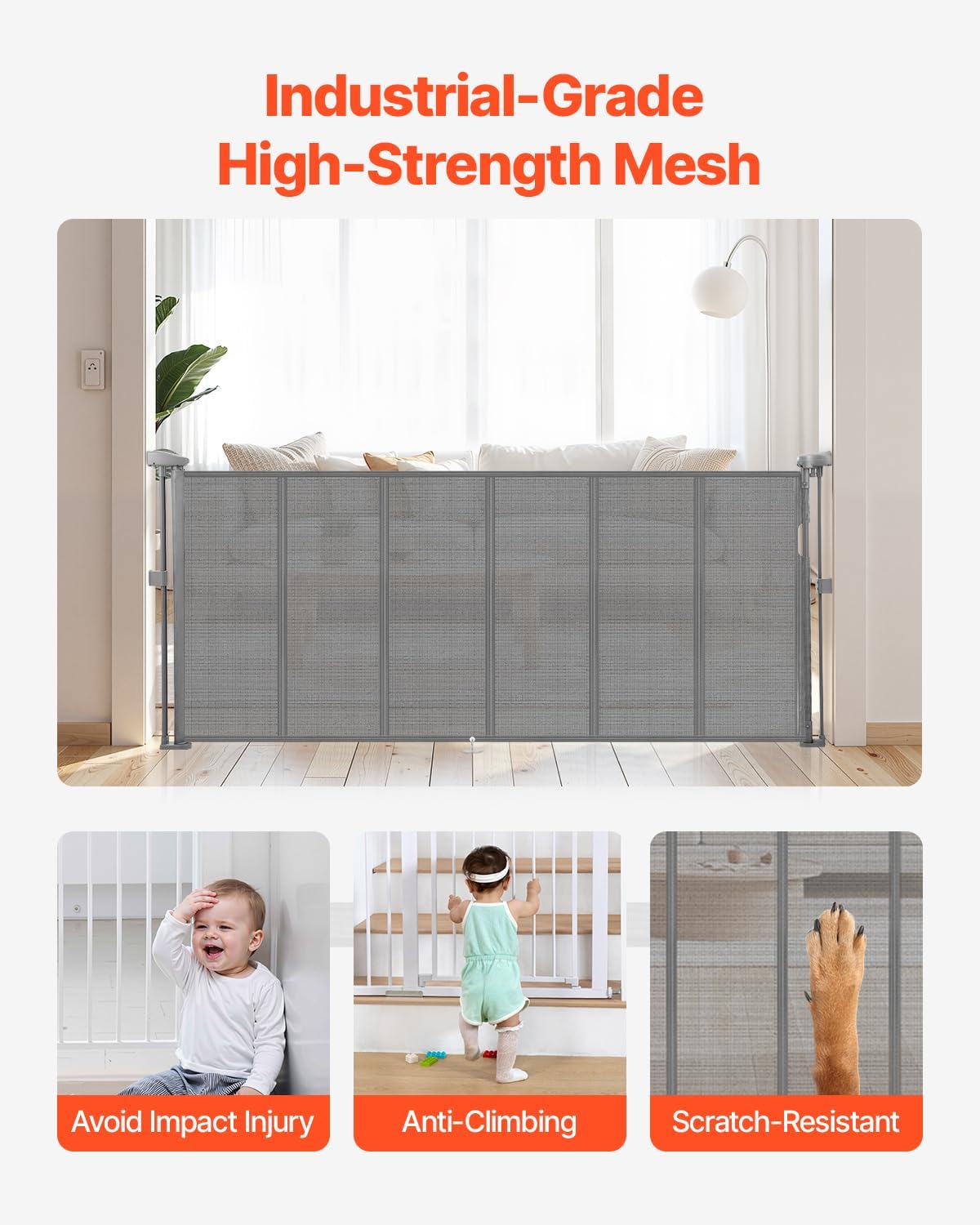 VEVOR Retractable Baby Gate, 34 inch Tall, Extends up to 71 inch Wide, Retractable Gate for Kids or Pets, Mesh Material, Easy to Install for Indoor Stairs, Doorways, Hallways, Playrooms, Gray