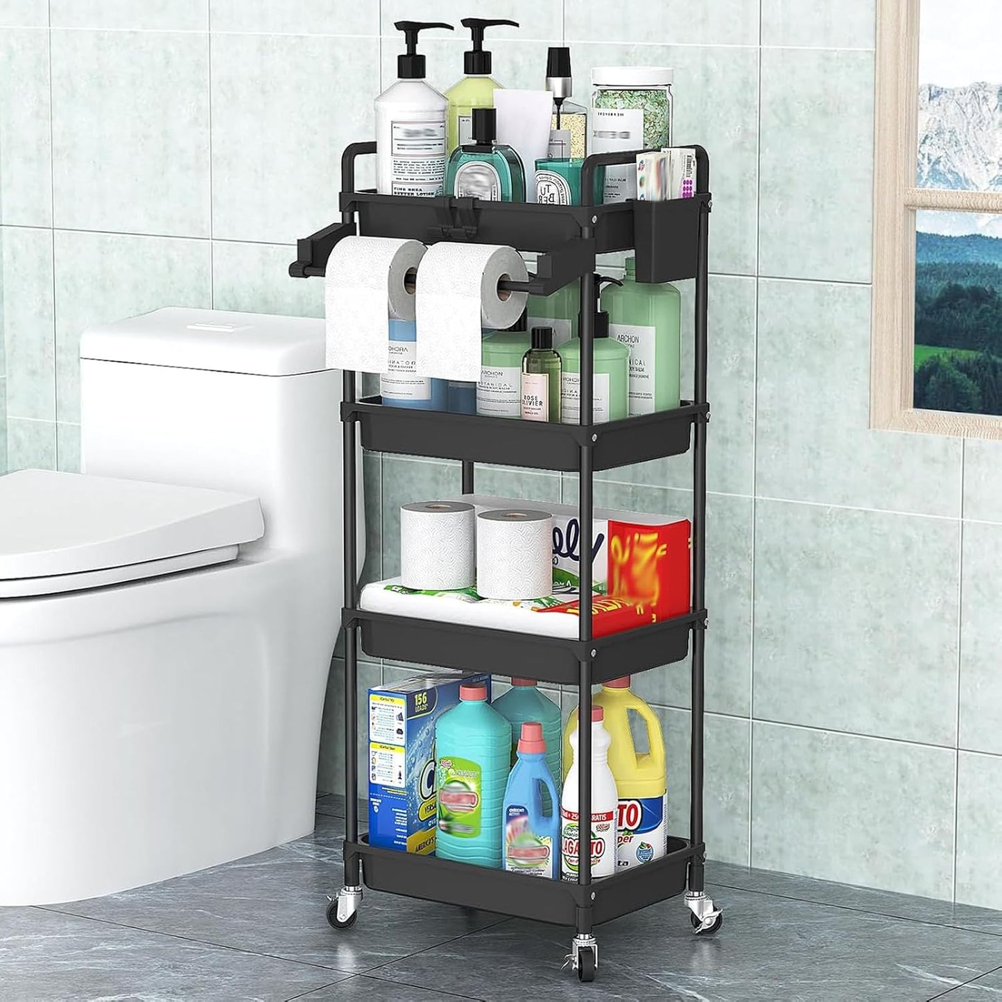 SPACEKEEPER Rolling Storage Cart, 4-Tier Bathroom Organizer Utility Cart Laundry Room Organization Mobile Shelving Unit with Towel Rack, Lockable Wheel, Hooks & Cup for Kitchen Bedroom Office, White