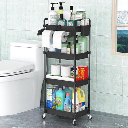 SPACEKEEPER Rolling Storage Cart, 4-Tier Bathroom Organizer Utility Cart Laundry Room Organization Mobile Shelving Unit with Towel Rack, Lockable Wheel, Hooks & Cup for Kitchen Bedroom Office, White