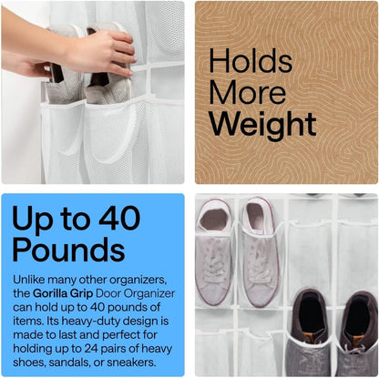 GORILLA GRIP Over the Door Shoe Organizer, 24 Large Breathable Mesh Pockets, Space Saving Hanging Storage Holder, Closet Rack Hanger Holds Up to 40 lbs, Hangs on Closets for Shoes, Accessories, Grey