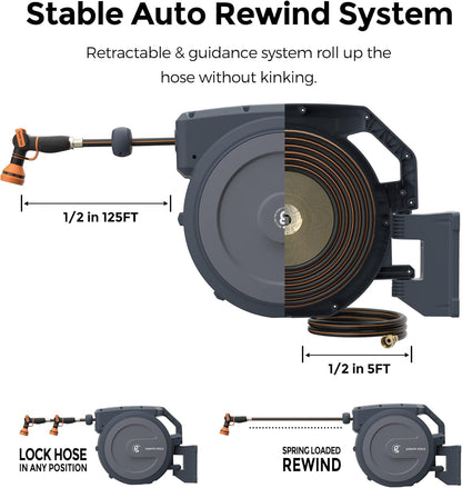 Giraffe Tools Retractable Garden Hose Reel 1/2 Inch x 100 ft, Super Heavy Duty, Any Length Lock, Slow Return System, Wall Mounted and 180 Deg Swivel Metal Bracket