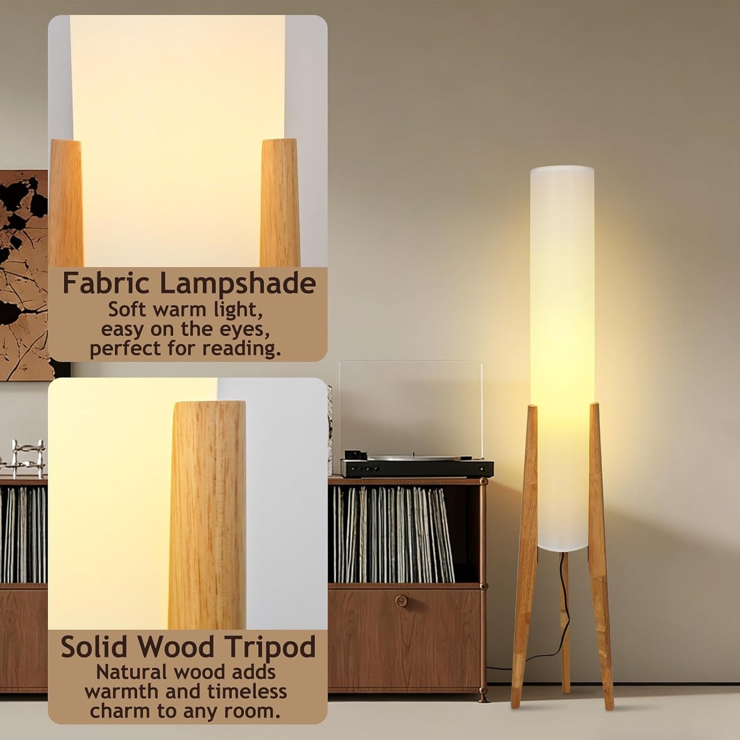 Wabi-sabi 50" Wooden Tripod Floor Lamp Linen Floor Lamp Paper Lantern Inspired Fabric Standing Lamp With E26 3-Color Temperatures Solid Wood Tall Light For Living Room Bedroom (Includes Bulb)