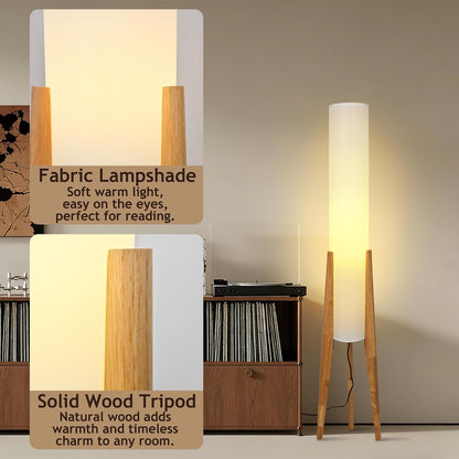 Wabi-sabi 50" Wooden Tripod Floor Lamp Linen Floor Lamp Paper Lantern Inspired Fabric Standing Lamp With E26 3-Color Temperatures Solid Wood Tall Light For Living Room Bedroom (Includes Bulb)