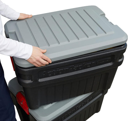 Rubbermaid ActionPacker 35 Gallon, Made in USA, Lockable Plastic Storage Bin with Lid and Wheels- Outdoor, Industrial, Rugged, Camping Gear and Truck Bed Storage - Gray and Black