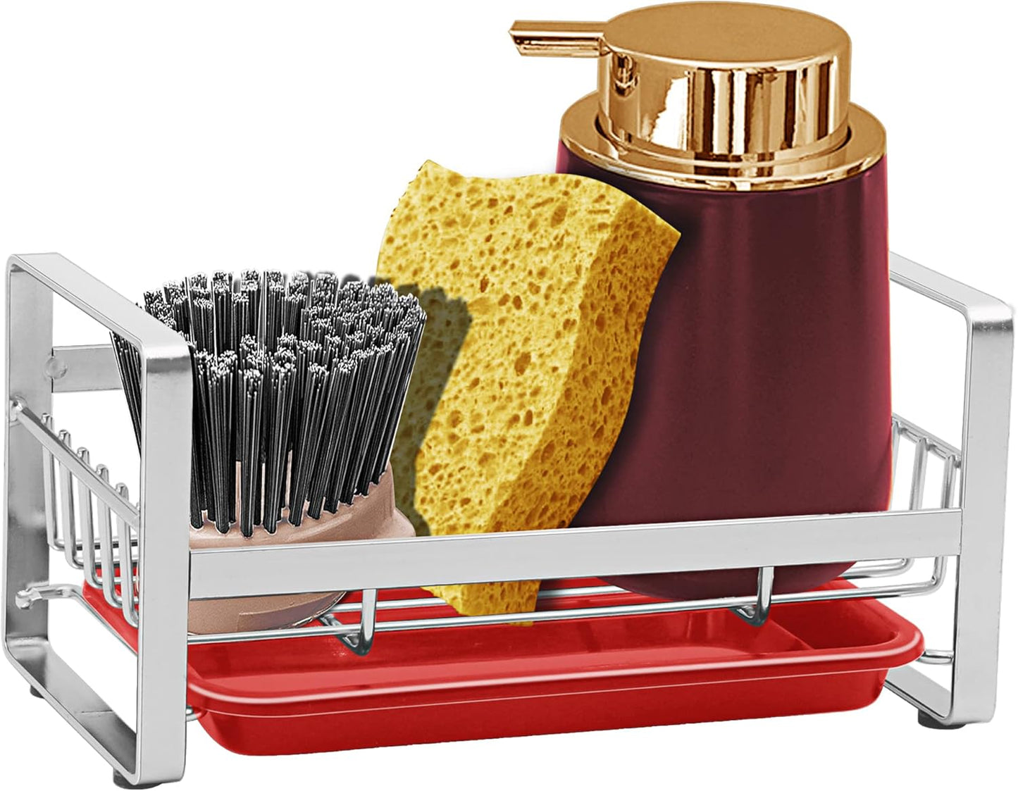 Kitchen Sponge Holder for Sink, Kitchen Sink Caddy Organizer, Sink Tray Drainer Rack, Dish Rags Brush Soap Storage Countertop with Removable Front Drain Pan - Black