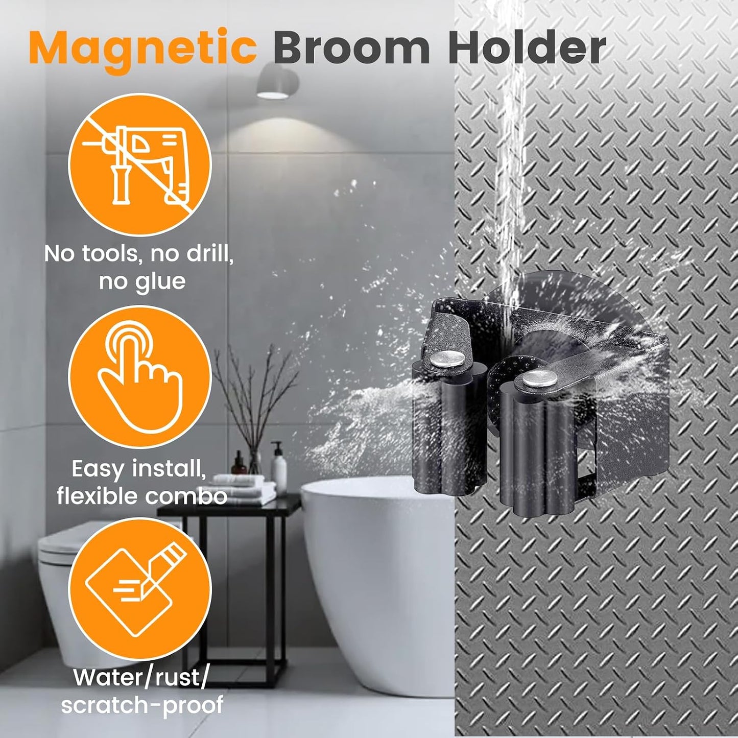 4 Pack Strong Magnetic Broom Holder, No Drill Heavy Duty Mop and Tool Organizer with Anti-Slip Rubber Grippers, Movable Wall Mounted Storage Rack for Kitchen, Garage, Garden, RV and Laundry, Black