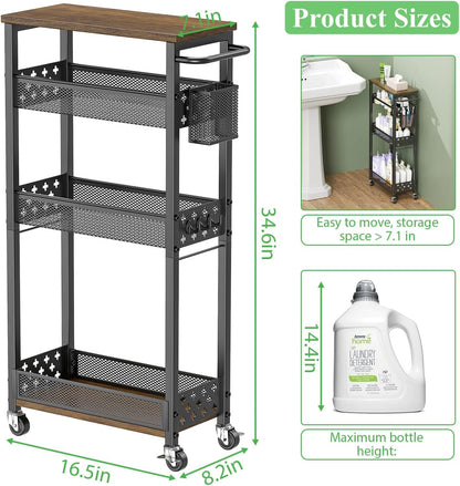 4 Tier Slim Rolling Storage Cart, Laundry Room Cart on Wheels, Small Metal Bathroom Cart Kitchen Organizer Trolley with Handle and Mesh Basket, 7.1 inch Width for Narrow Space, Black