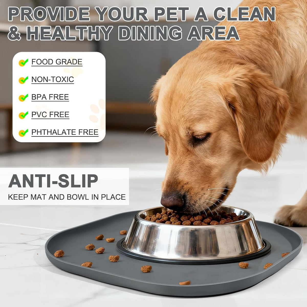SMILOOL Silicone Pet Food Mat with Raised Edge for Food and Water Bowl, Dog Feeding Mats, Cat Food Trays for Floor Waterproof, Rubber Tray for Dogs and Cats, 19 x 12 x 0.7 Black