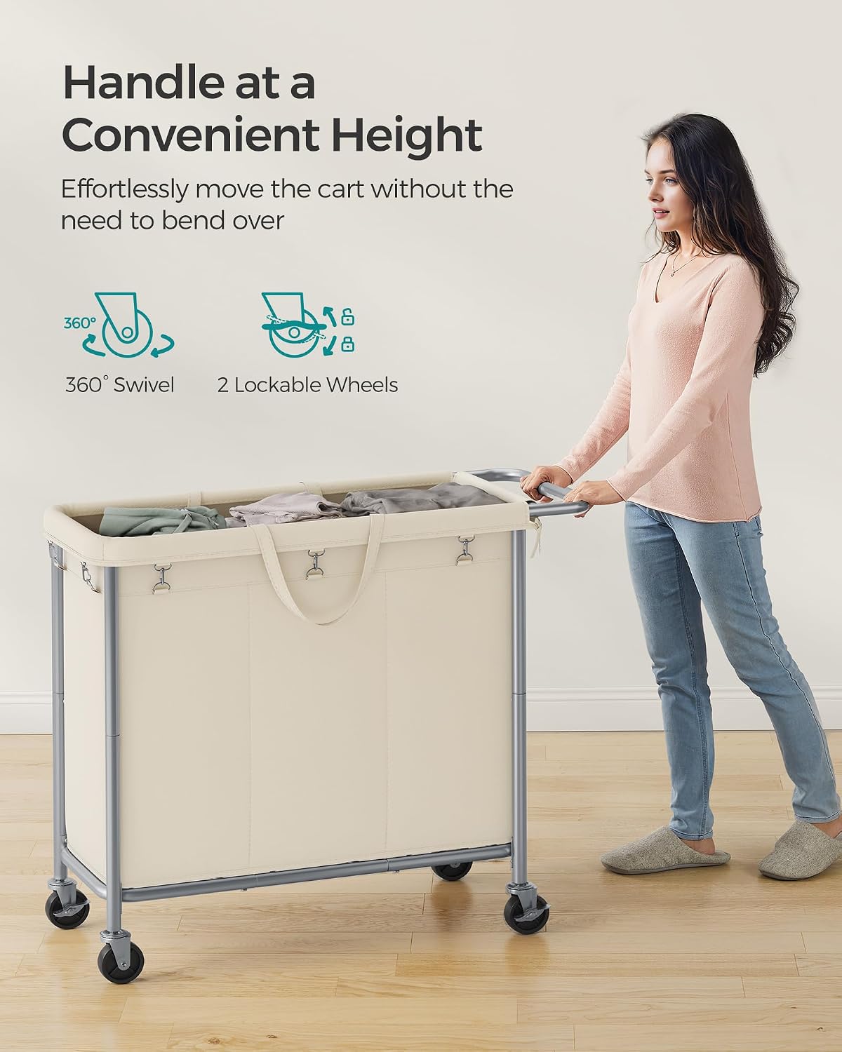 SONGMICS Laundry Basket with Wheels, 3-Section Rolling Laundry Hamper, 52.8 Gallons (200 L), Removable Liner, Steel Frame with Handle, 35.8 x 15.4 x 31.9 Inches, Cream White URLS005W01