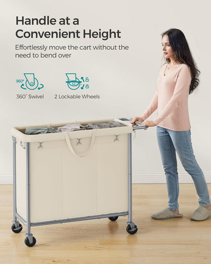 SONGMICS Laundry Basket with Wheels, 3-Section Rolling Laundry Hamper, 52.8 Gallons (200 L), Removable Liner, Steel Frame with Handle, 35.8 x 15.4 x 31.9 Inches, Cream White URLS005W01