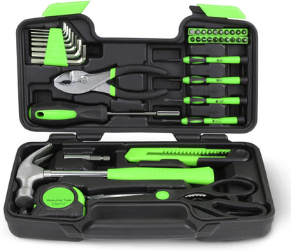 Auto Dynasty Tool Kit for Home, Basic Household Hand Tool Sets with Screwdrivers Combination Tools, All in One Plastic Toolbox Storage Case for College Dorm, Office, Auto Repair (Green)