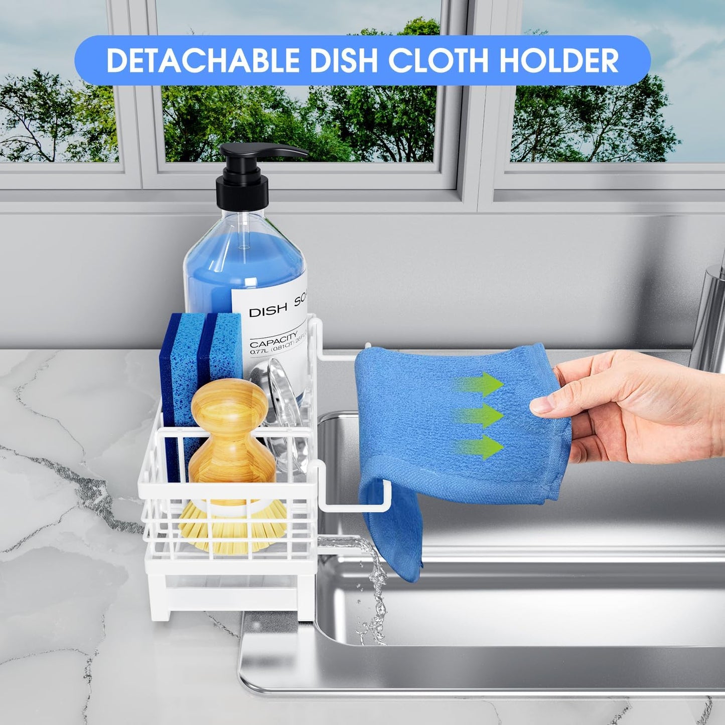 Kitchen Sink Sponge Holder, Rustproof Non-Slip Self-Draining Metal Sink Caddy with Detachable Dish Cloth Holder (Black)