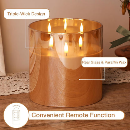 Eywamage 3 Wick Smoke Grey Glass Flameless LED Candle with Remote, Flickering Large Battery Pillar Candle Decor Φ 6" H 6"