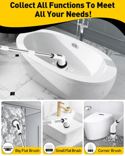Shower Scrubber with Long Handle, Shower Cleaner Brush with 8 Floor Machine Pads, Cordless Electric Spin Scrubber for Cleaning with 2 Speed, Cleaning Supplies for Bathroom Bathtub Kitchen Floor Tile