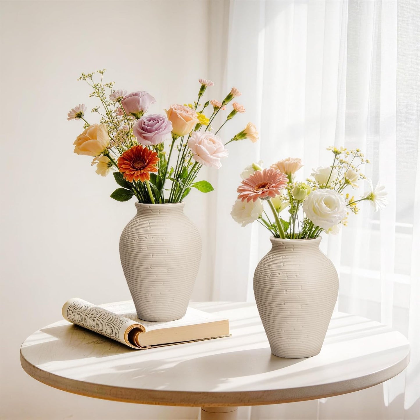Ceramic Vase Set of 2, 7.1" Handcrafted Rustic Flower Vases for Modern Home Decor, Boho Farmhouse Decorative Vases for Living Room, Table, Shelf, Ideal Gift for Mother's Day, Birthday, Housewarming