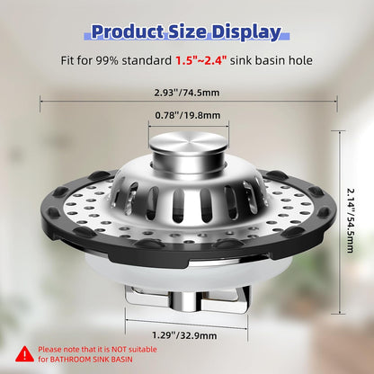 Universal Bathtub Drain Stopper Shower Drain Hair Catcher, Tub Stopper with Visible Top Strainer, Upgraded 3 in 1 Pop-up Drain Plug Fit for 1.5 to 2.4" Hole, Stainless Steel Filter Basket, Chrome