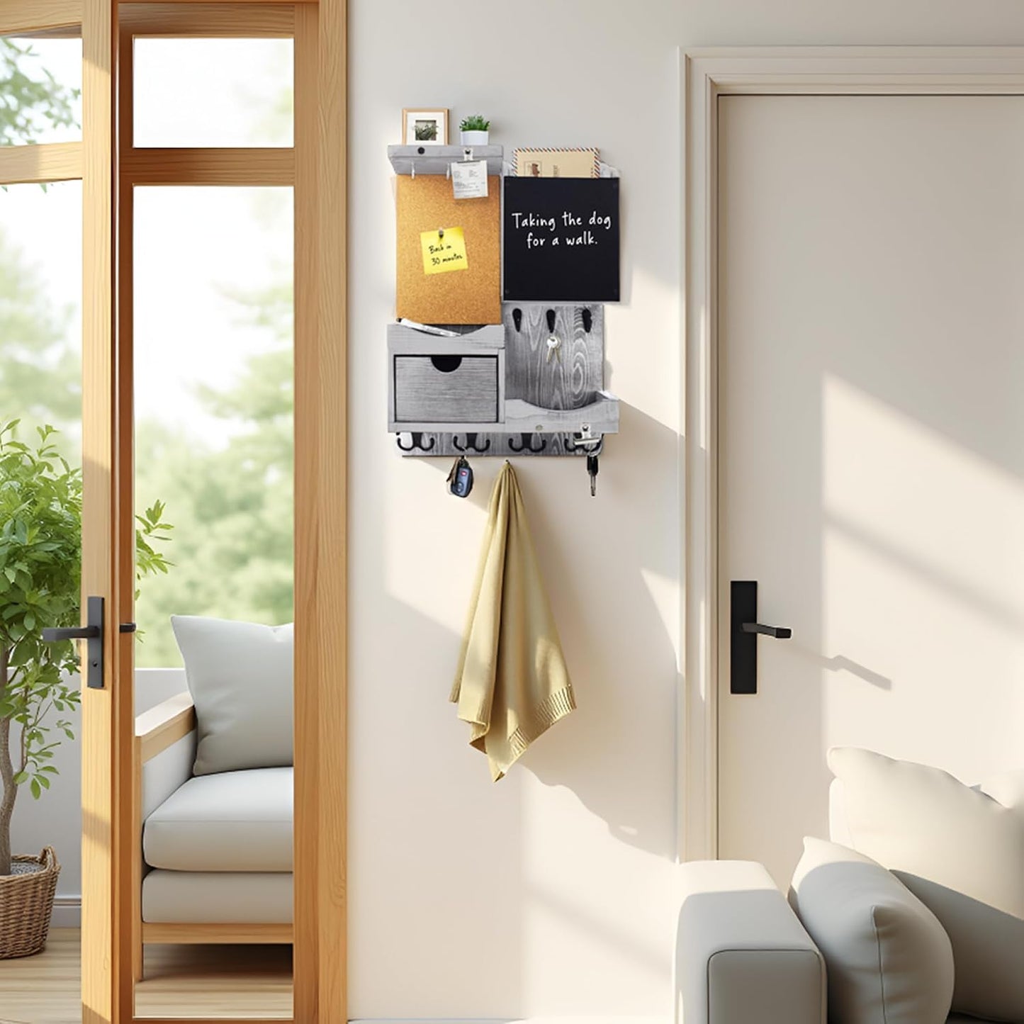 Key Holder for Wall Mount with Shelf and Mail Organizer, Key and Mail Holder with 16 Hooks, Farmhouse Entryway Organizer, Home Decor Rack (Pine Wood, Black)