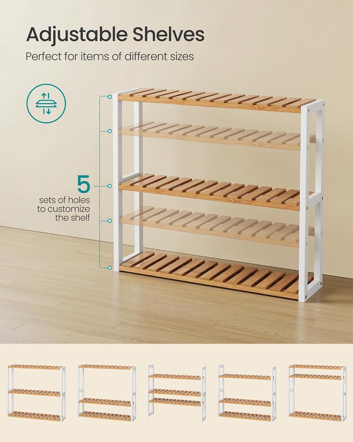 SONGMICS Bamboo Rolling Cart, 3-Tier Utility Cart on Wheels, Slim Narrow Storage Shelf, Bamboo Shelves, Space-Saving, Multifunctional, for Bathroom, Kitchen, White and Natural UBCB083N02