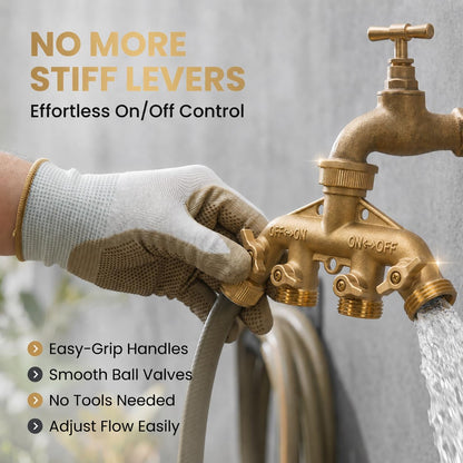 Brass Heavy-Duty Garden Hose Water Splitter | LEAD-FREE 2-Way Y Splitter for Water Spigot & Faucet | Manifold Connector ON/OFF Valves w/Improved Comfort Grip, 3 Extra Washers & Teflon Tape