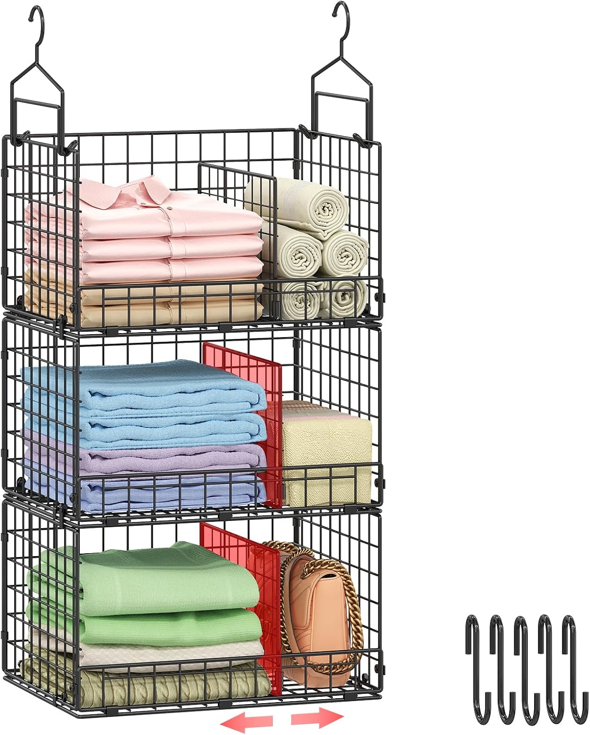Sonyabecca 3-Tier Hanging Closet Organizers and Storage, Foldable Stackable Wire Basket Bins with 5 S Hooks, Space-Saving Hanging Closet Shelf for Clothing, Sweaters, Handbags, Hats,Purse