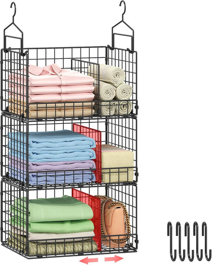 Sonyabecca 3-Tier Hanging Closet Organizers and Storage, Foldable Stackable Wire Basket Bins with 5 S Hooks, Space-Saving Hanging Closet Shelf for Clothing, Sweaters, Handbags, Hats,Purse