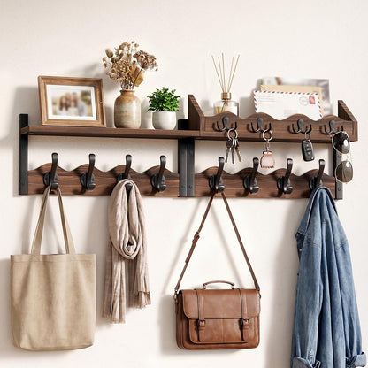 Coat Rack Wall Mount with Shelf, 4 in 1 Wood Entryway Shelf with 12 Hooks | Mail and Key Holder, Wall Mounted Coat Hanger for Bathroom, Living Room, Bedroom, Brown