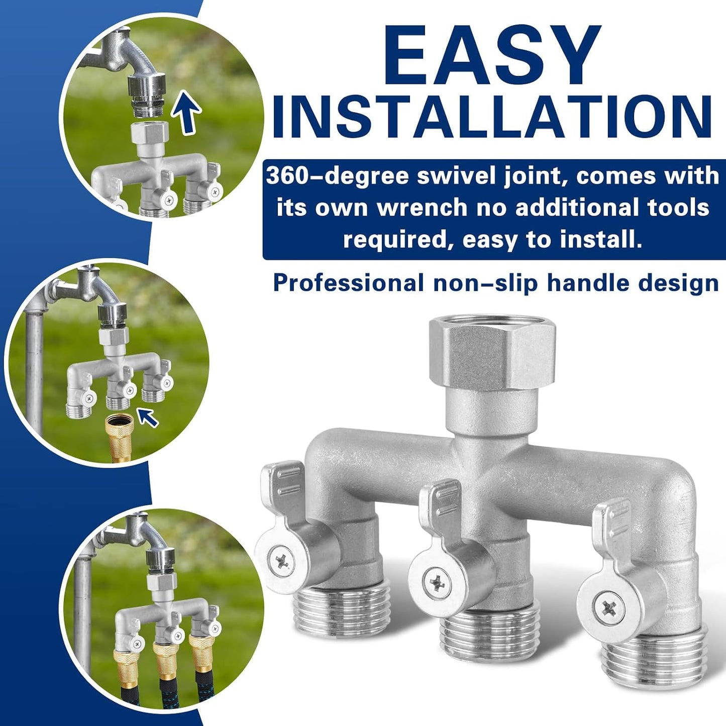 4 Way Garden Hose Splitter, 304 Stainless Steel Outdoor Faucet Splitter with 4 Individual Shut Off Valves, 3/4" GHT High Flow Hose Bib Spigot Connector