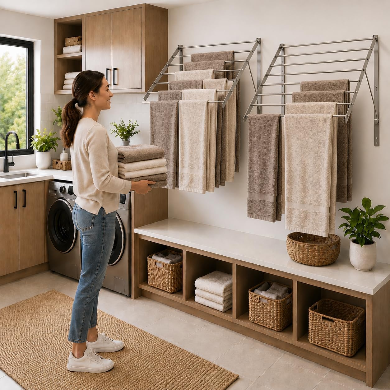 Smartsome | Wall Mounted | Clothes Drying Rack| 22" Wide |15 Linear Feet Capacity | 8 Smooth Round Stainless Steel Rods | 60 lb Capacity | Fully Assembled | Compact Sturdy Space-Saving Design