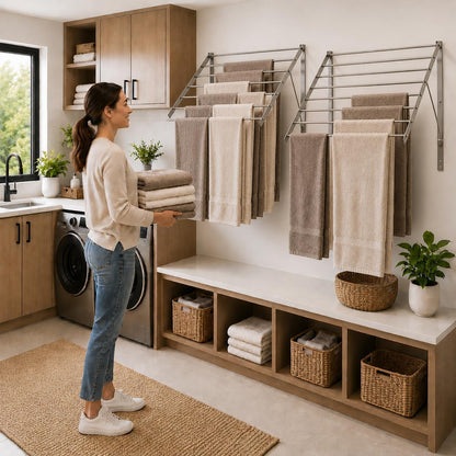 Smartsome | Wall Mounted | Clothes Drying Rack| 22" Wide |15 Linear Feet Capacity | 8 Smooth Round Stainless Steel Rods | 60 lb Capacity | Fully Assembled | Compact Sturdy Space-Saving Design