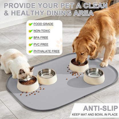 SMILOOL Silicone Pet Food Mat with Raised Edge for Food and Water Bowl, Dog Feeding Mats, Cat Food Trays for Floor Waterproof, Rubber Tray for Dogs and Cats, 19 x 12 x 0.7 Black