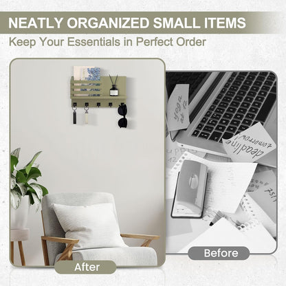 Key Holder Wall Mount, Mail Organizer for Wall with 5 Square Rustic Key Hooks Key Shelf Farmhouse Home Decor for Entryway