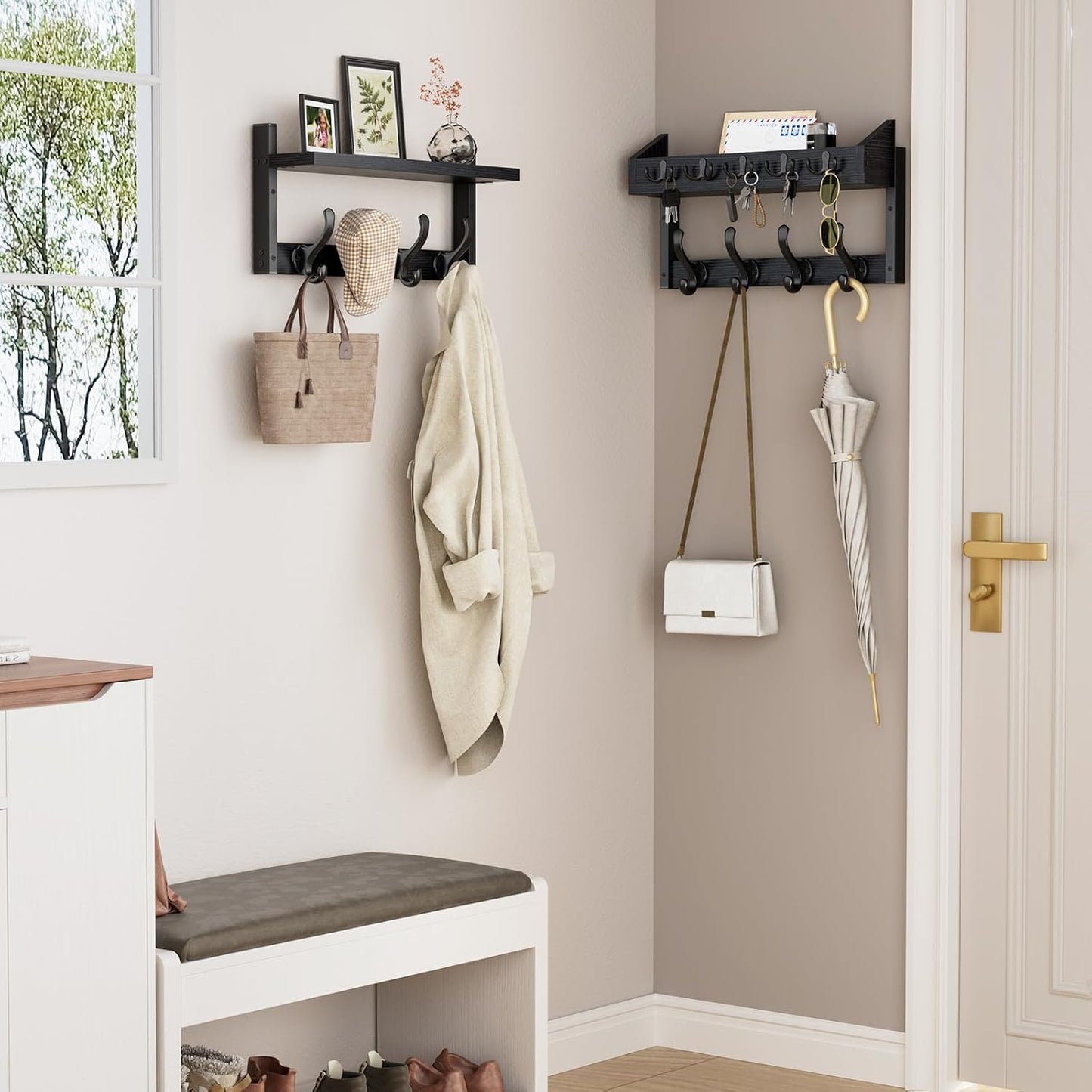 Evermagin 29" Coat Rack Wall Mount with Shelf, 4 in 1 Coat and Key Hanger with 11 Metal Hooks, Entryway Wall Mounted Shelf with Mail Holder for Living Room, Bedroom, Rustic Brown