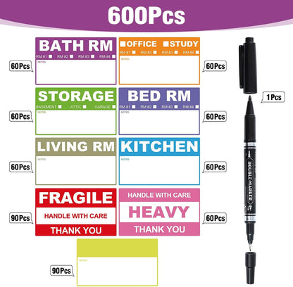 200 Count Removable Moving Labels, 3.4 x 2 in, 9 Colors with Pen | Waterproof Synthetic Paper, Writable, Tear Resistant, Color Coded Room Labels, Fragile/Heavy/Blank, Residue-Free Removal
