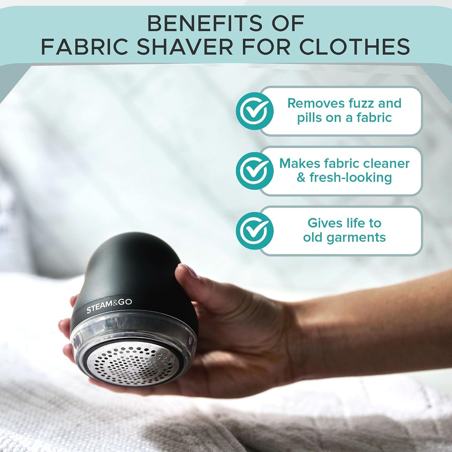 Steam & Go - Fabric Defuzzer, Rechargeable Fabric Shaver and Lint Remover, Portable Sweater Shavers to Remove Pilling, Fuzz, and Fluff, Lint Remover for Clothes and Beddings, Easy to Use Black