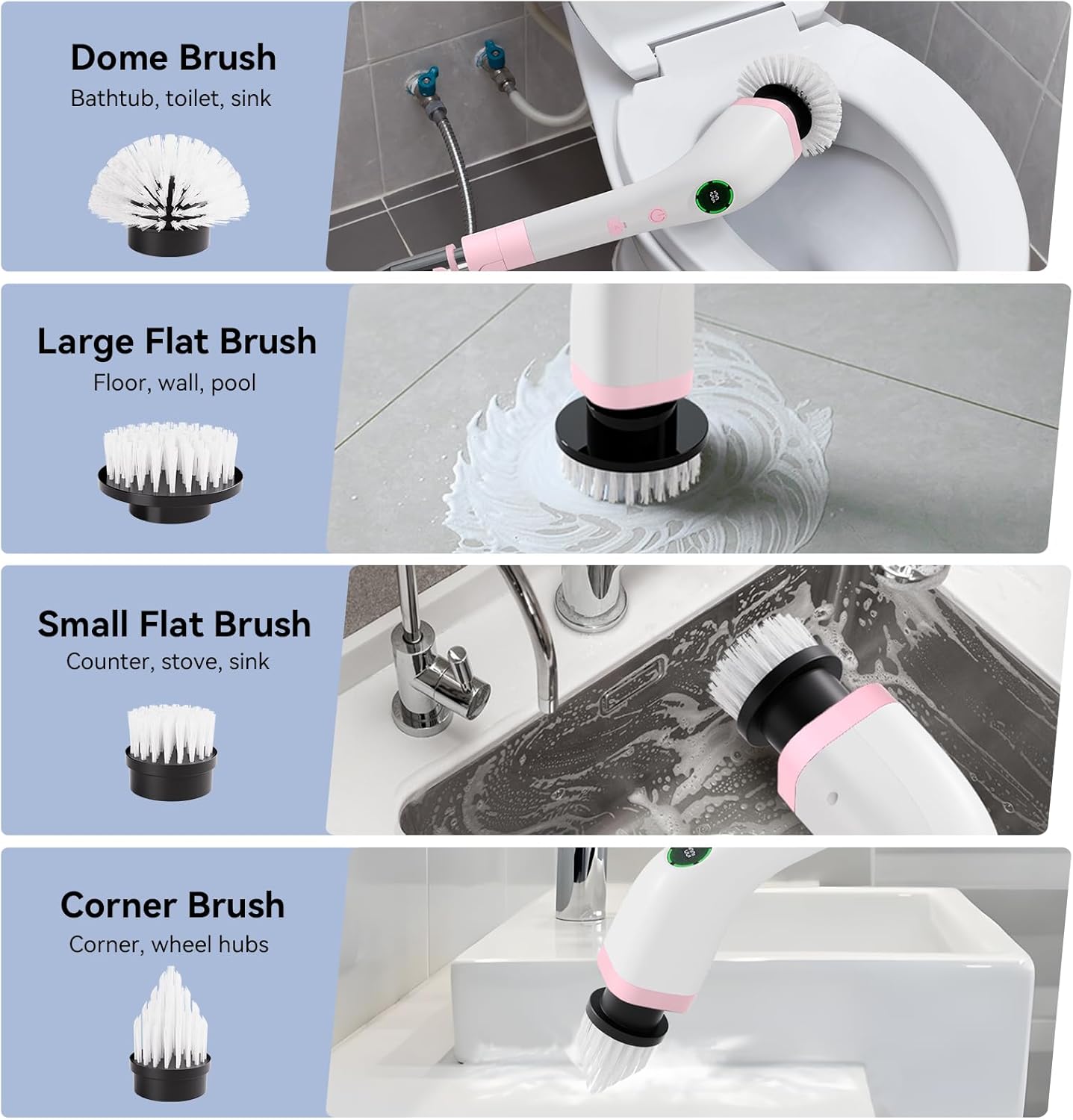 Electric Bathroom Cleaning Brush, Cordless Spin Scrubber Full Body Waterproof IPX7 with Adjustable Handle, 8 Replaceable Brush Heads for Bathtub/Kitchen/Window/Home -SD-CTB01