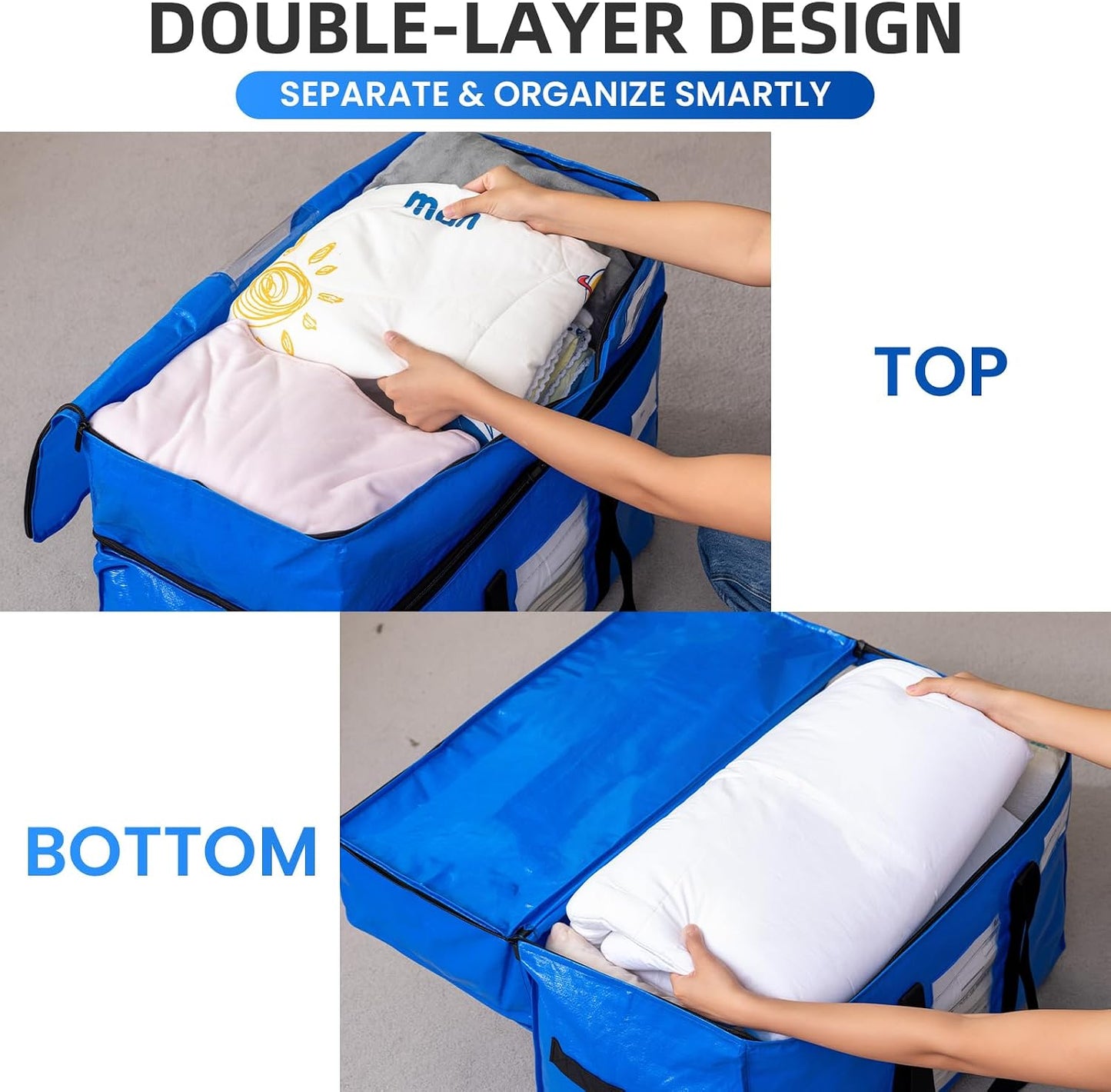 TAILI Extra Large Moving Bags, 4 Pack Blue Heavy Duty Totes For Storage with Visible Window, Wrap Around Handles, Storage Bags for Space Saving, Alternative to Moving Boxes