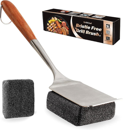 GrillChef Bristle Free Grill Brush, BBQ Steam Cleaning Brush with 2 Replacement Heads, Extra Long Wood Handle, Safe Grill Cleaner for Outdoor Grills, Gift Box Design for Dad Men