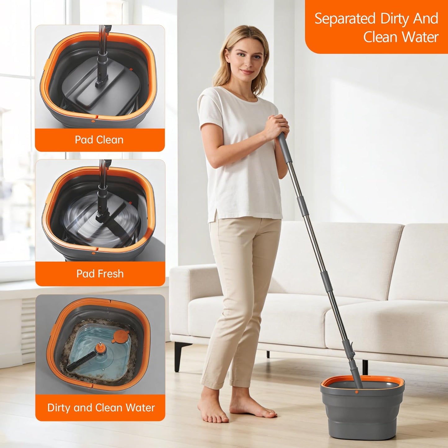 Collapsible Mop and Bucket Set, Spin Mop with Separate Dirty and Clean Water, 6 Replaceable Mopping Pads with Foldable Handle, Deep Cleaning Mops and Buckets for Household Use Floor Cleaning