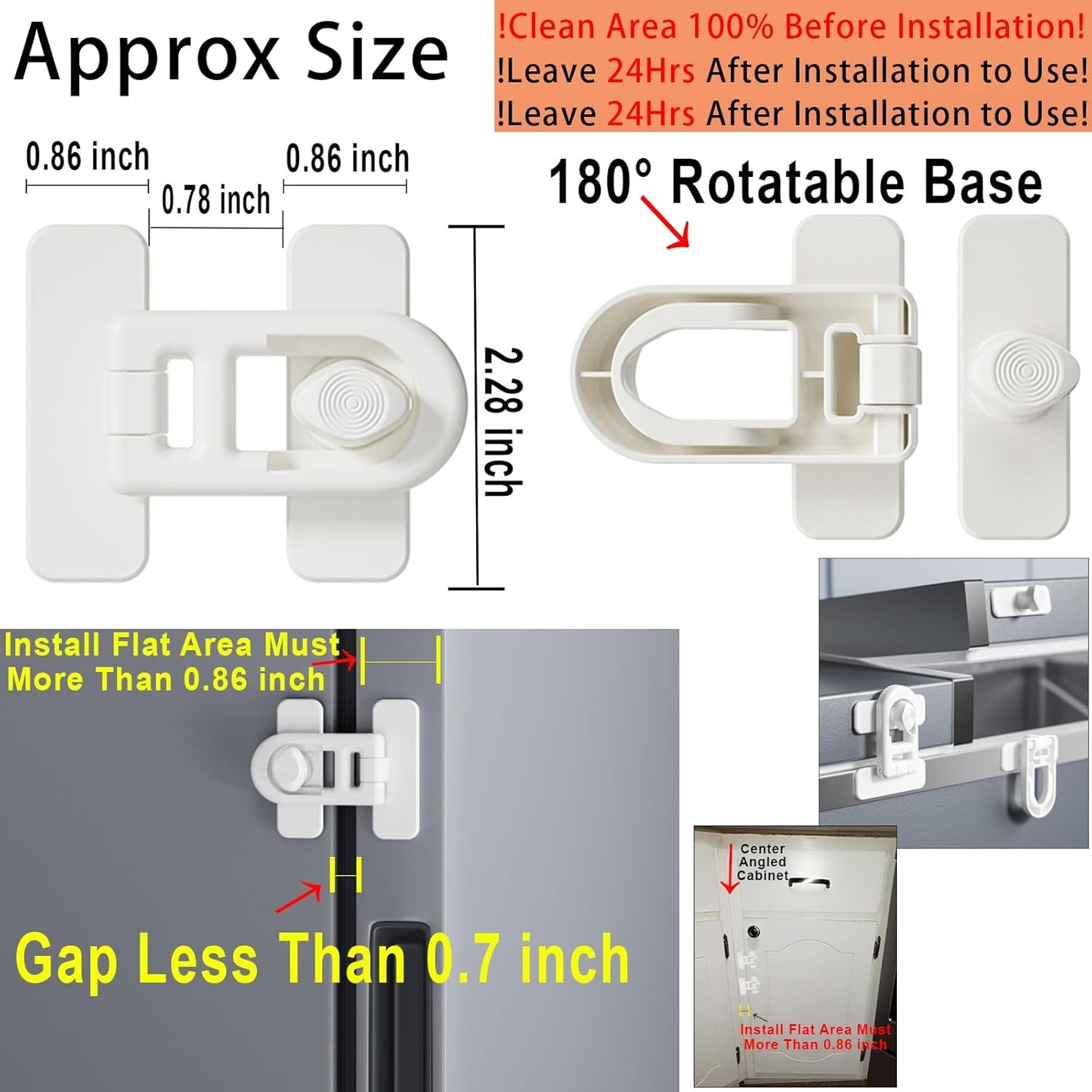 Fridge Lock, 180° Swivel RV Camper French Refrigerator Latch 90 Degree Adhesive No Drill, Baby Proofing Cabinet Freezer Oven, Renter Friendly Childproof Safety Lock for Toddler Cat 2-Pack