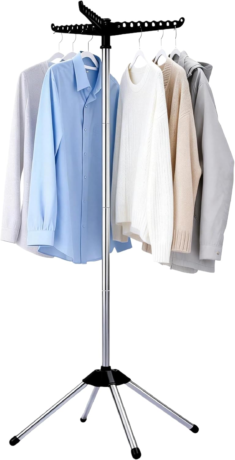 Beaudaily Clothes Drying Rack, Foldable 79.5-Inch Laundry Drying Rack,3 Tie, with Rotatable Arms, Stainless Steel, Holds 27 Clothes,8 Towels and 24 Clips for Hanging Socks, White and Silver